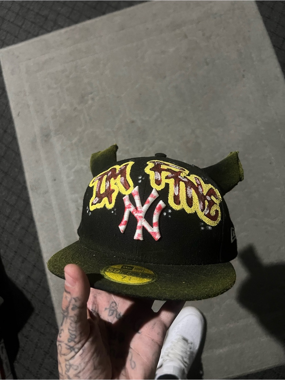 New Era custom 7-1/4 Black & Olive NY Logo Cap with Yellow Graffiti